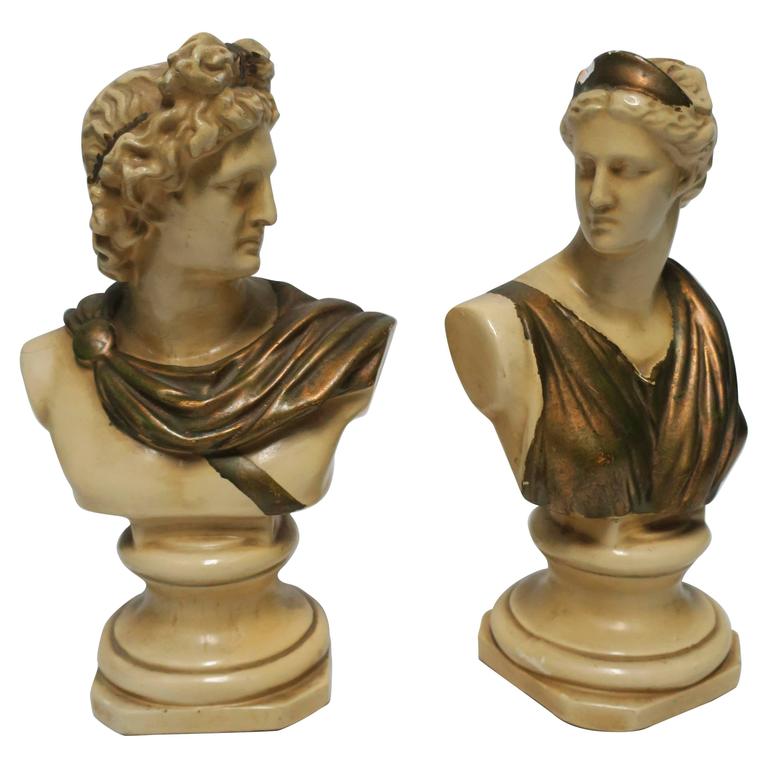 Vintage MidCentury Pair of Male and Female Classic Roman Bust