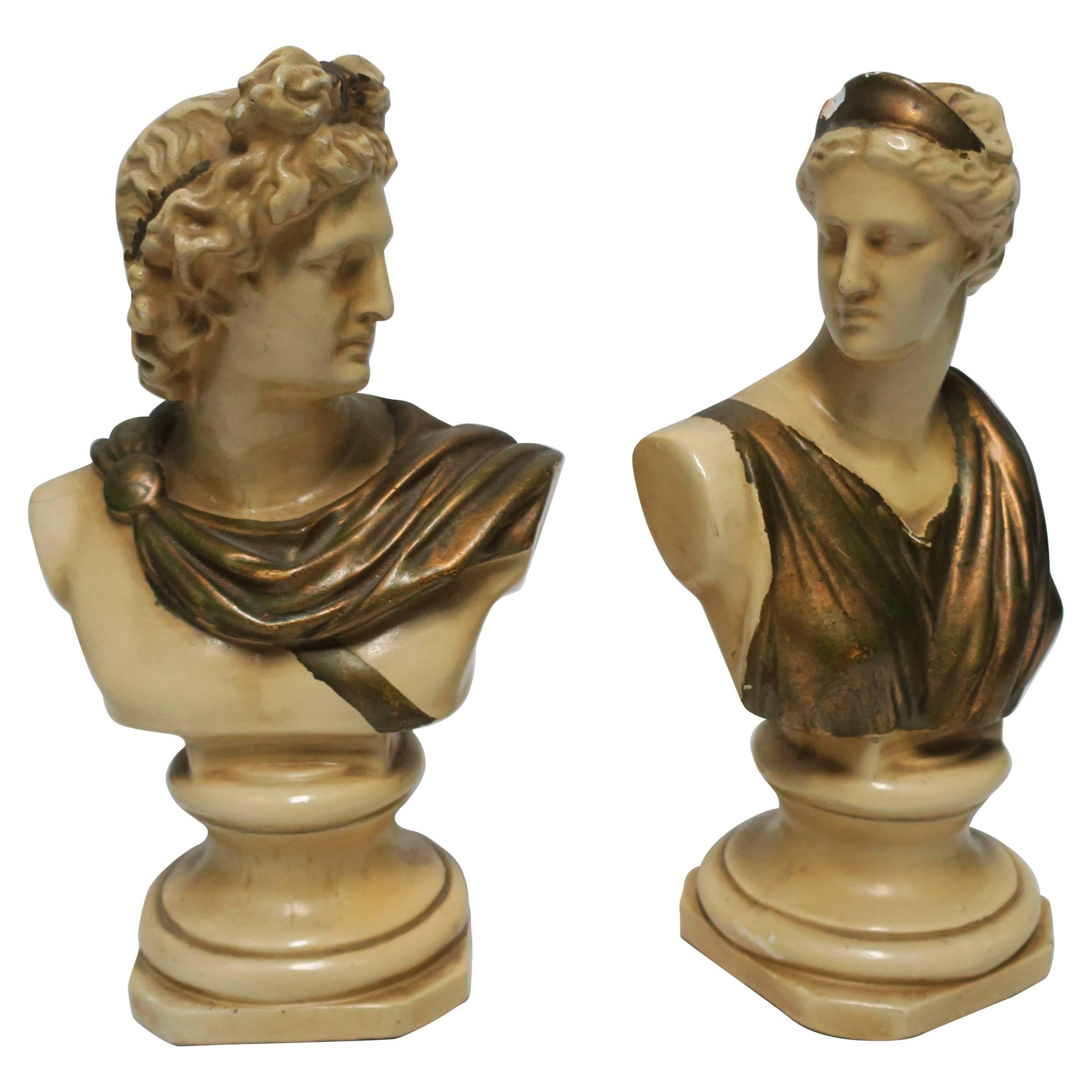 Pair Midcentury Italian Male and Female Classic Roman Bust Sculptures