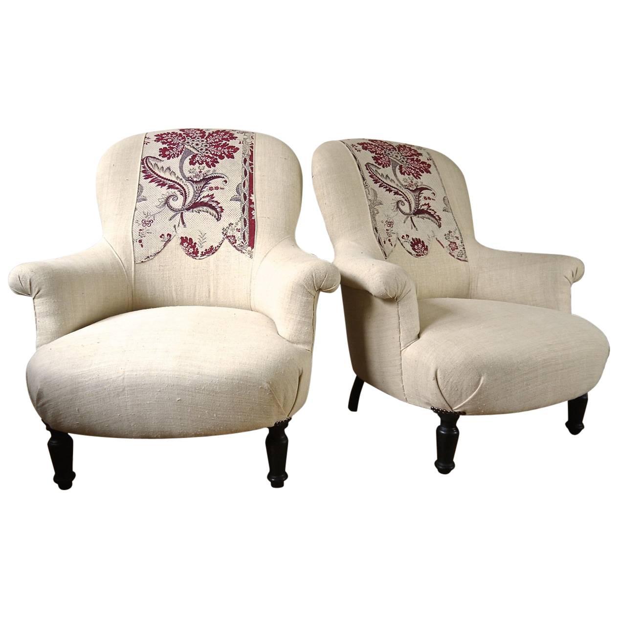 Pair of  Napoleon III Armchairs with 18th Century Textile Detail