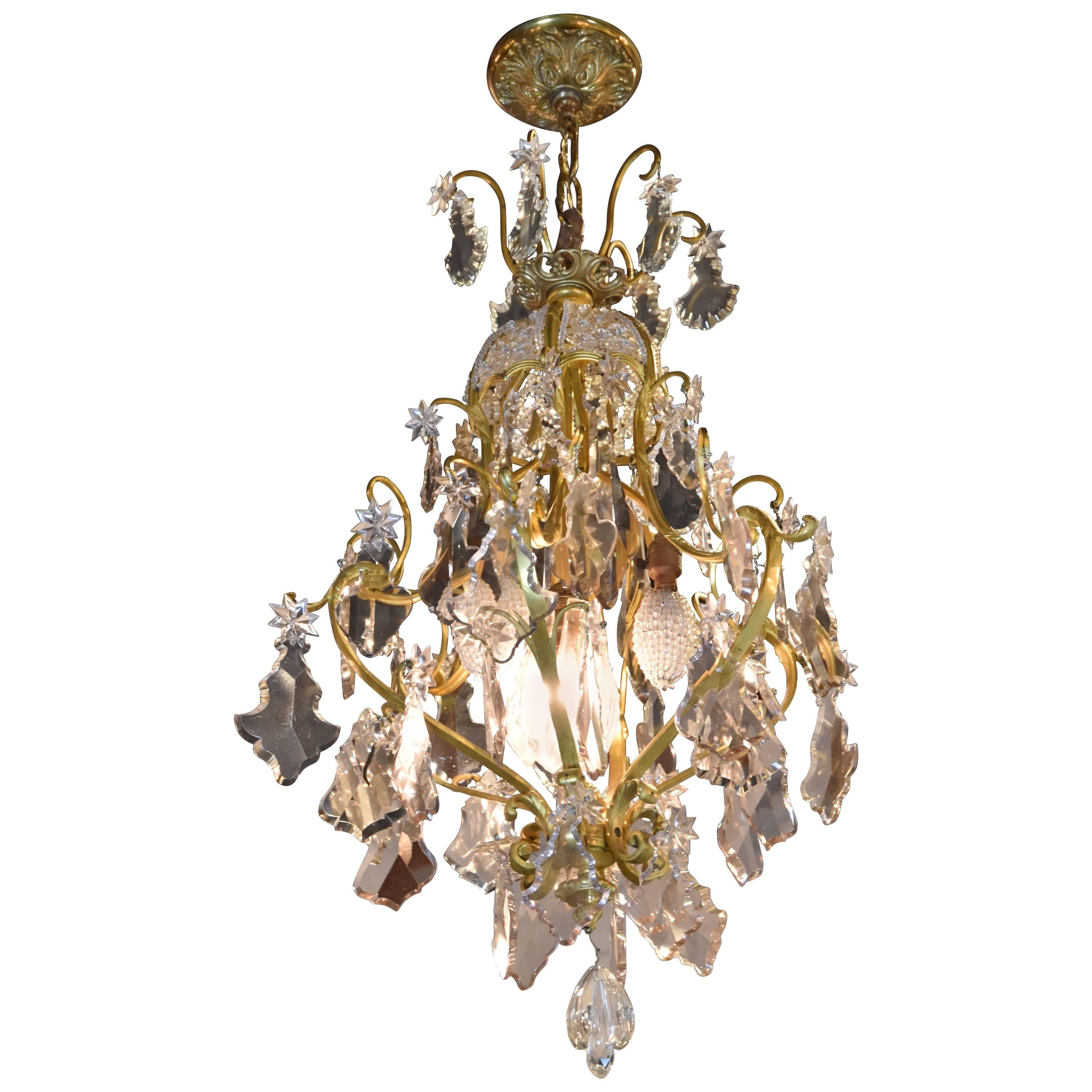 Dore Bronze Chandelier with Six (6) Arms and Faceted Crystal Prisms For Sale