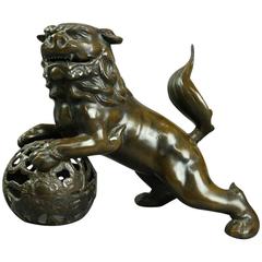 Oversized Vintage Chinese Cast Bronze Guardian Lion Foo Dog, 20th Century