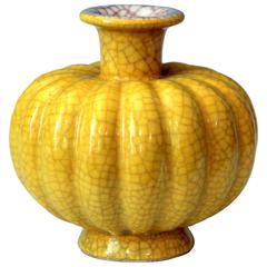 Antique Japanese Studio Pottery Yellow Crackle Glaze Lobed Melon Form Vase