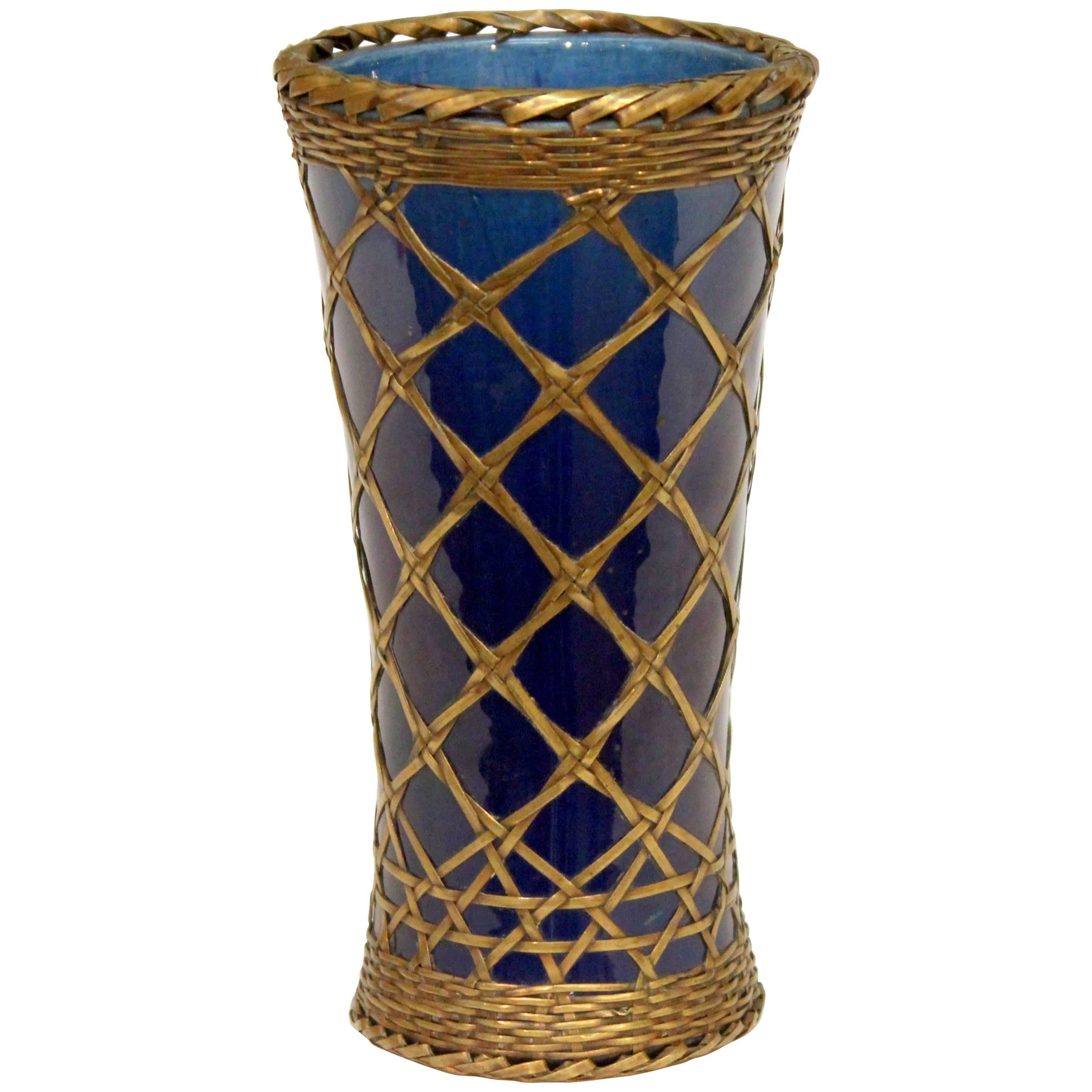 Antique Awaji Pottery Vase with Brass Weaving For Sale