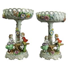 Antique Pr German Schierholz Porcelain Hand Painted Figural Compotes