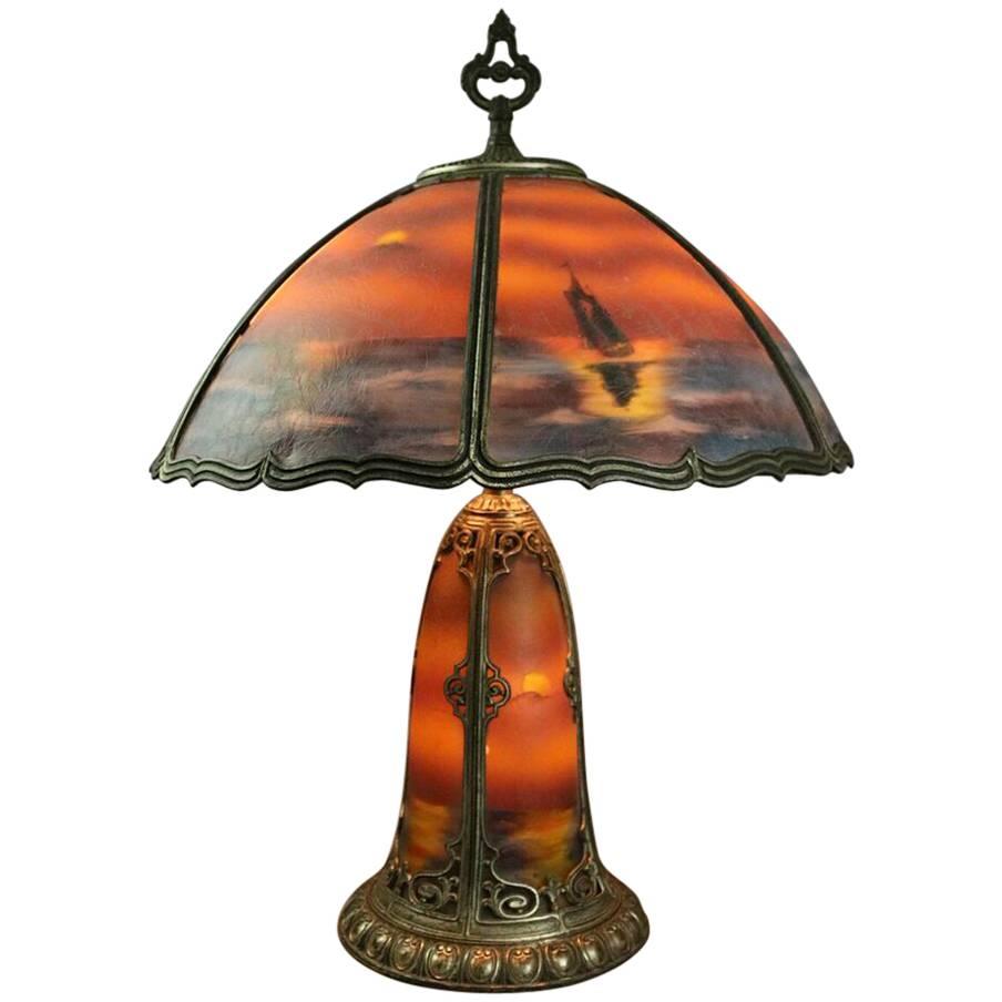 Antique Reverse Painted Pittsburgh Style Bronze Table Lamp, Seascape, circa 1920