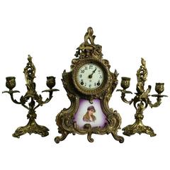 Rococo Style Ansonia Garniture Set With Porcelain Dial and Portrait Plaque, NY