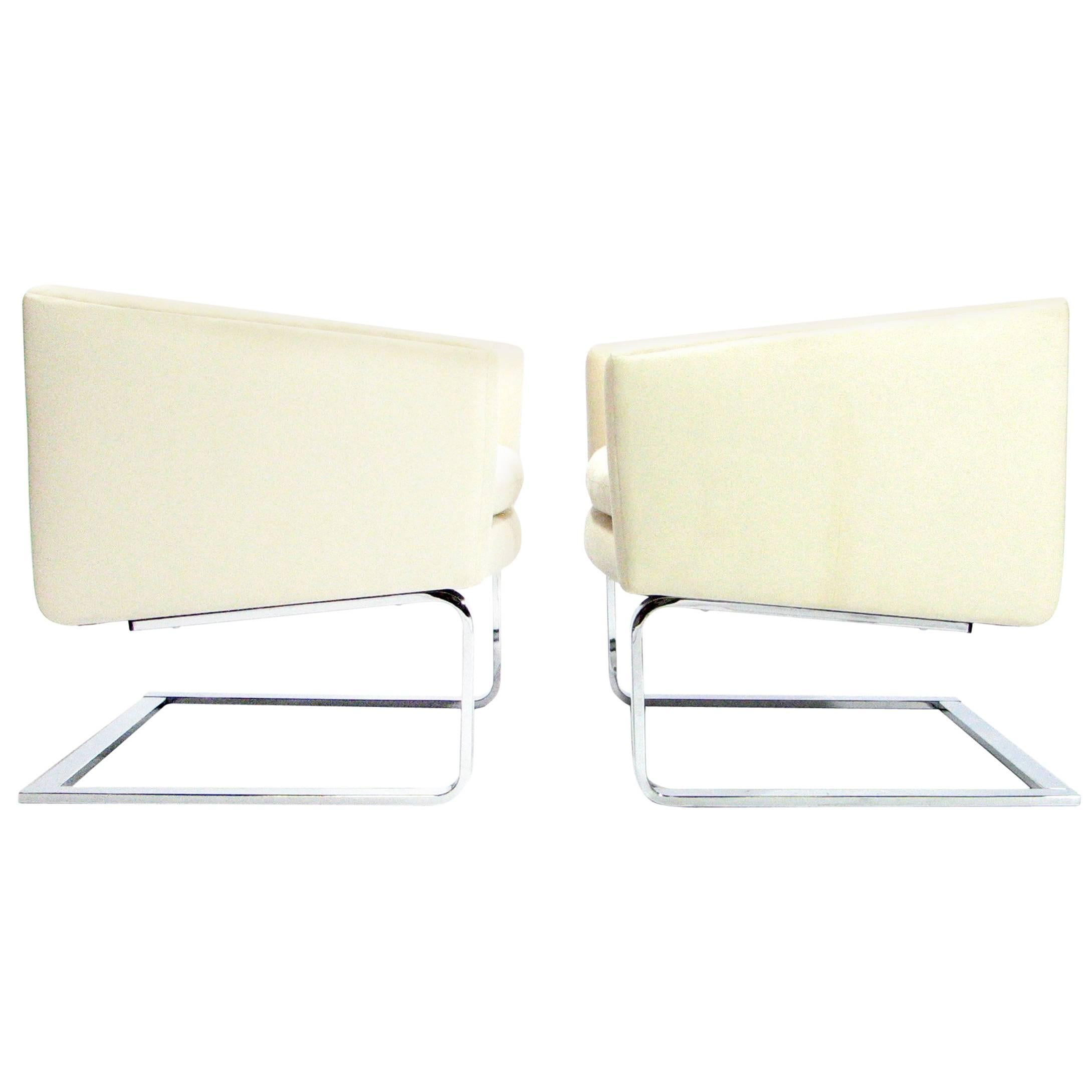 Sculptural Pair of Mid-Century Club Chairs with Chrome Bases and New Fabric For Sale