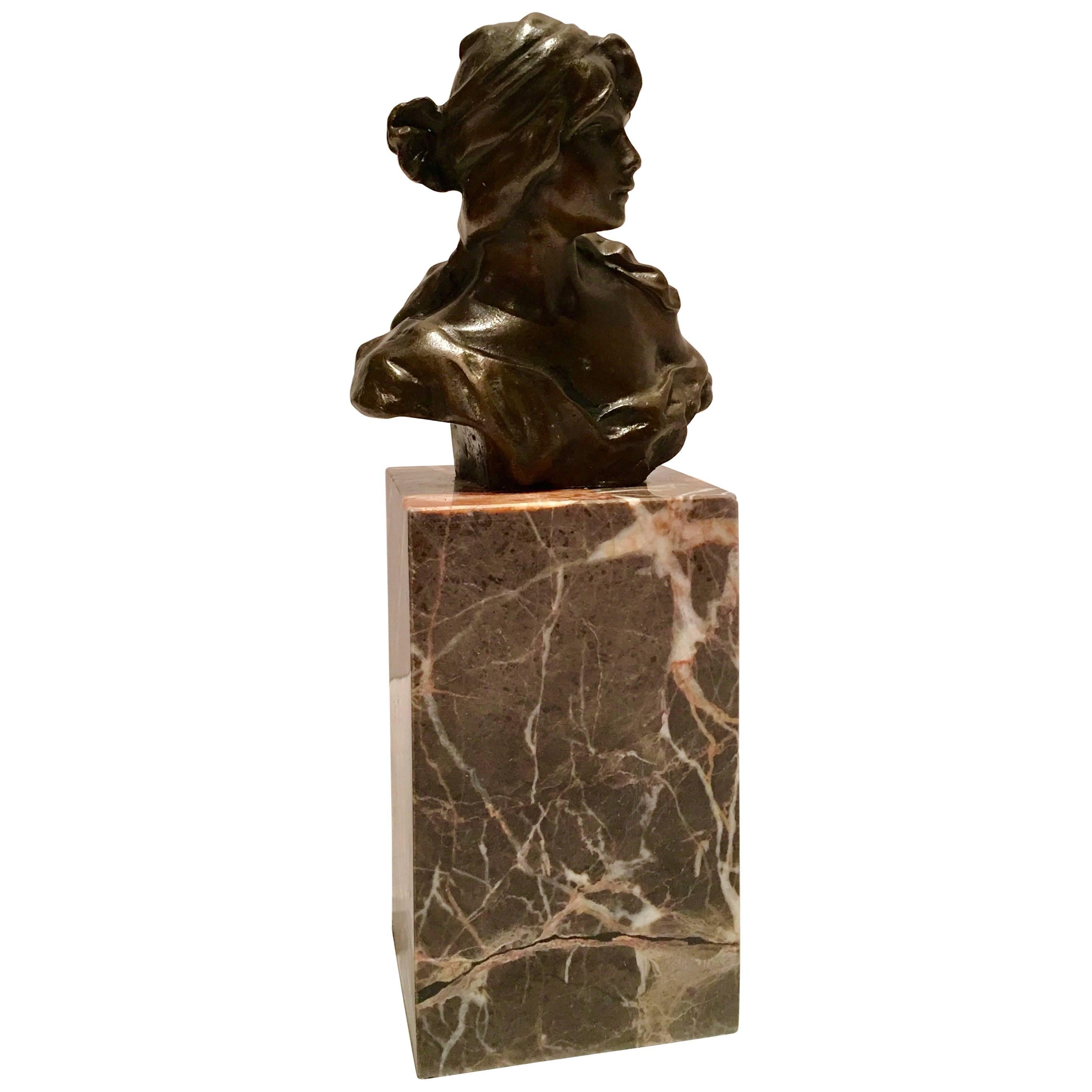 French Art Nouveau Style Bronze Female Bust Sculpture on Marble Stand