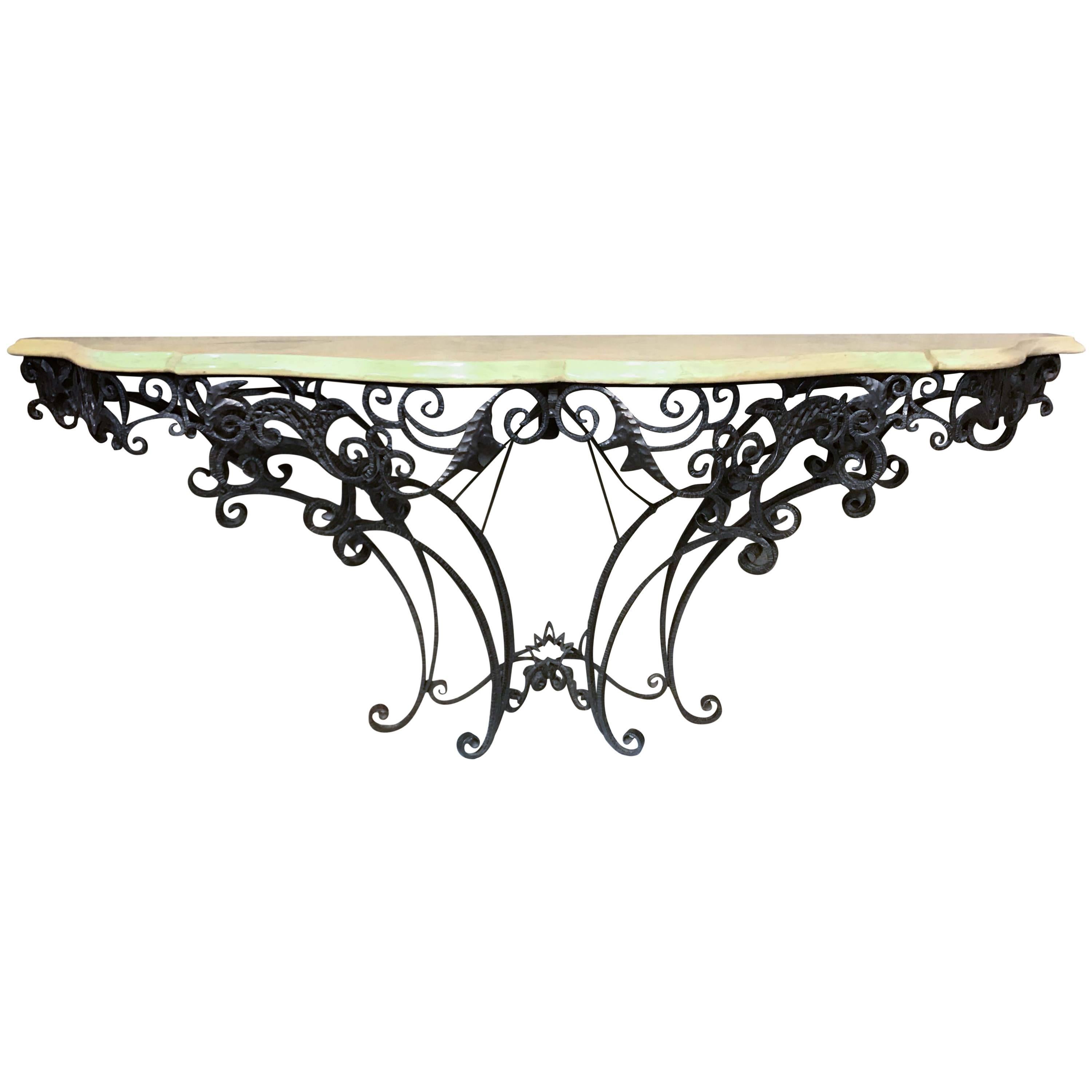 Wrought Iron and Marble Console Table For Sale