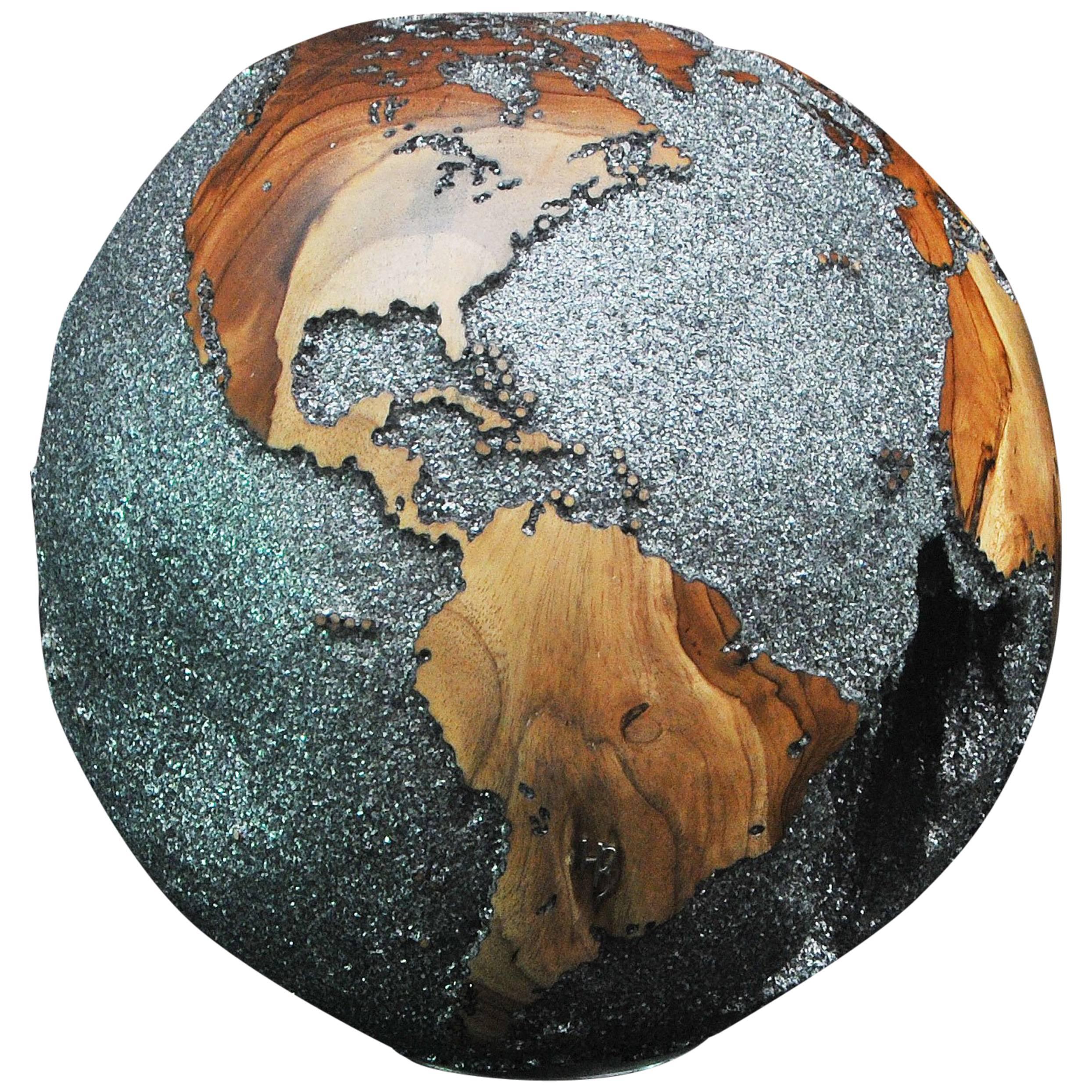 One of a kind Teak Root Globe in Black Mica with Rotative Base - 9.84 in/25 cm