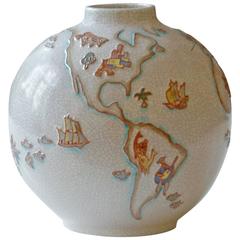 Vintage Mid-Century Majolica Karlsruhe Vase with Artistic World Map in Bas-Relief, 1950