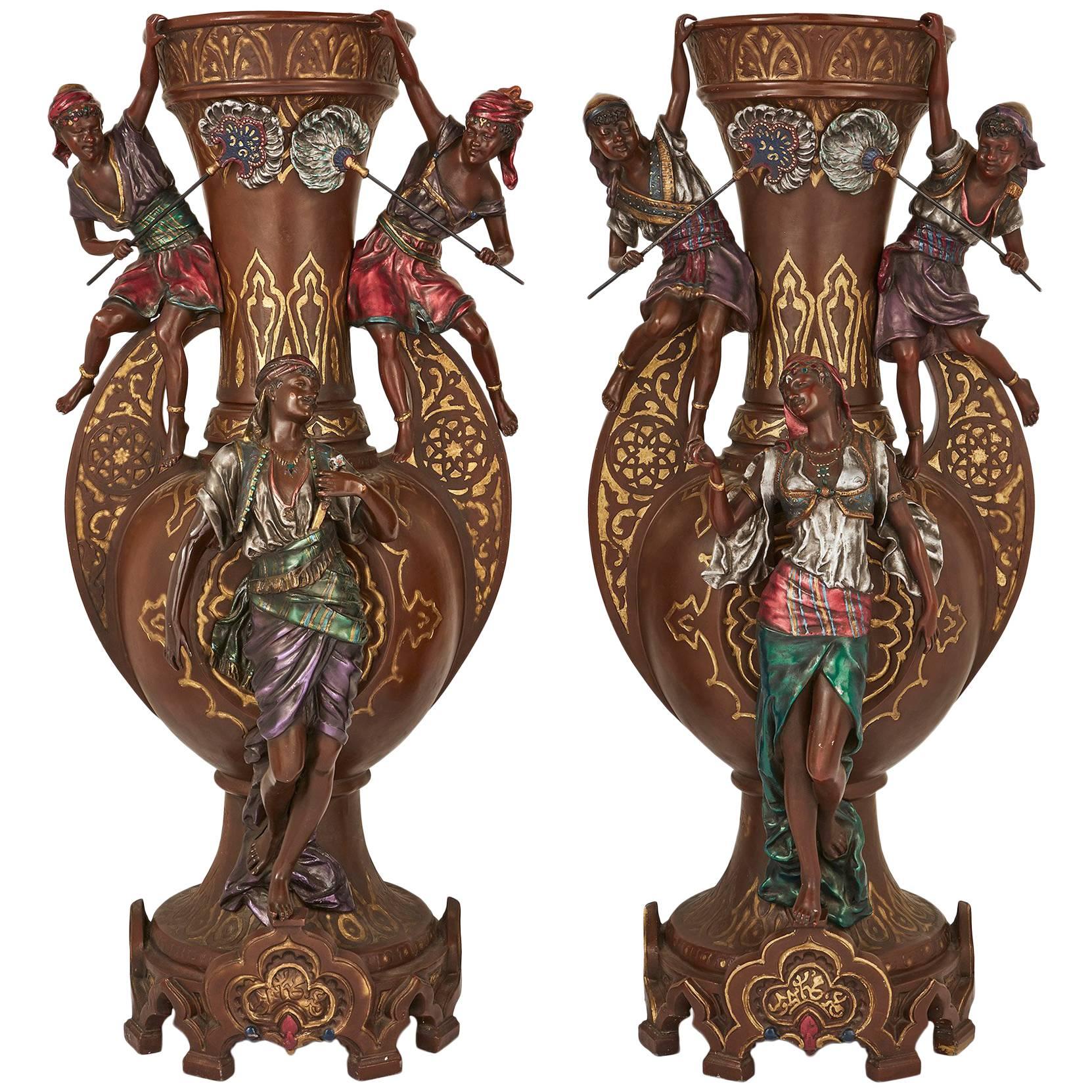Large Pair of Orientalist Cold Painted Spelter Vases Signed 'L. Hottot' For Sale