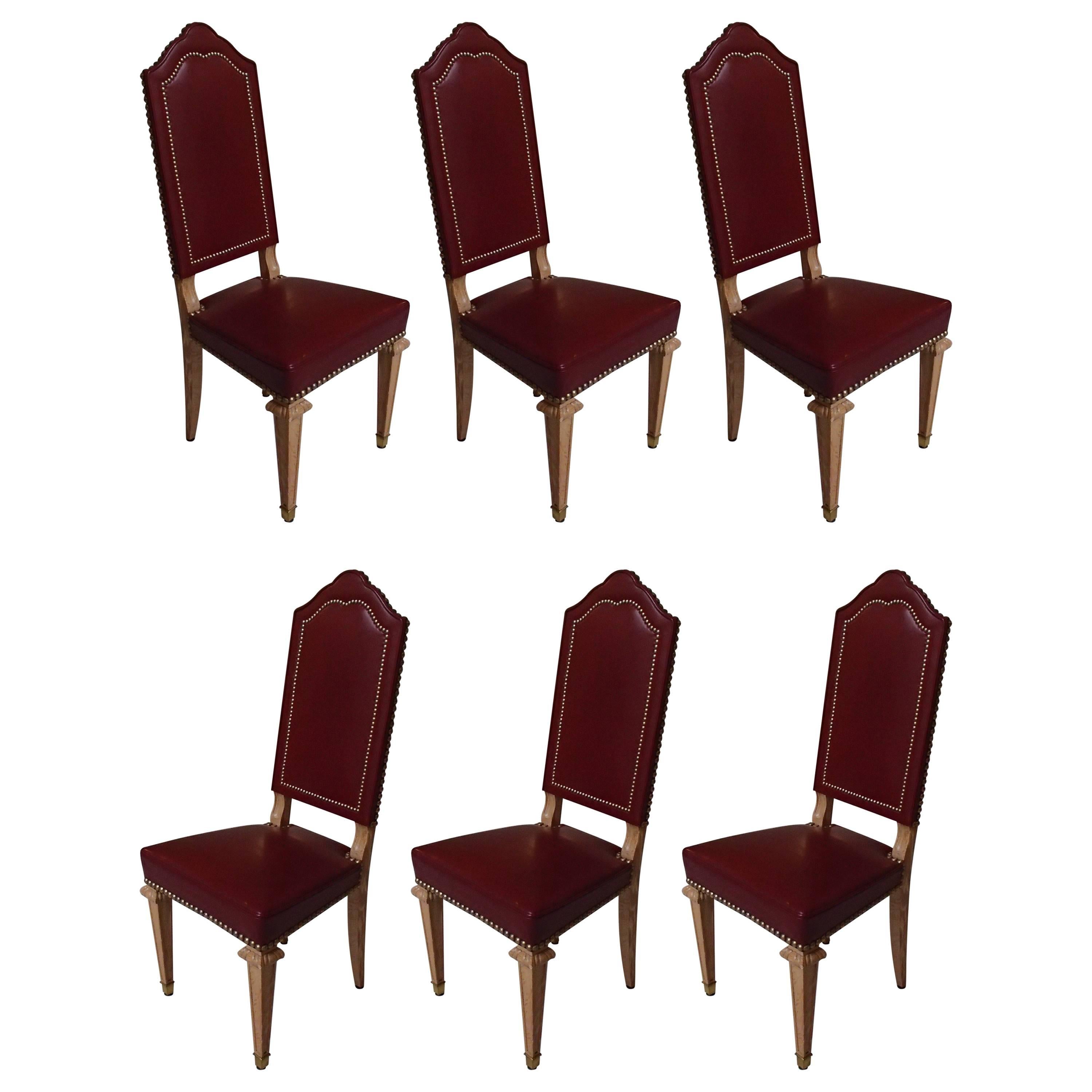 Six Dining Room Chairs Dark Red Leather Cerused Oak For Sale