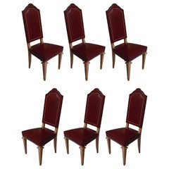 Vintage Six Dining Room Chairs Dark Red Leather Cerused Oak