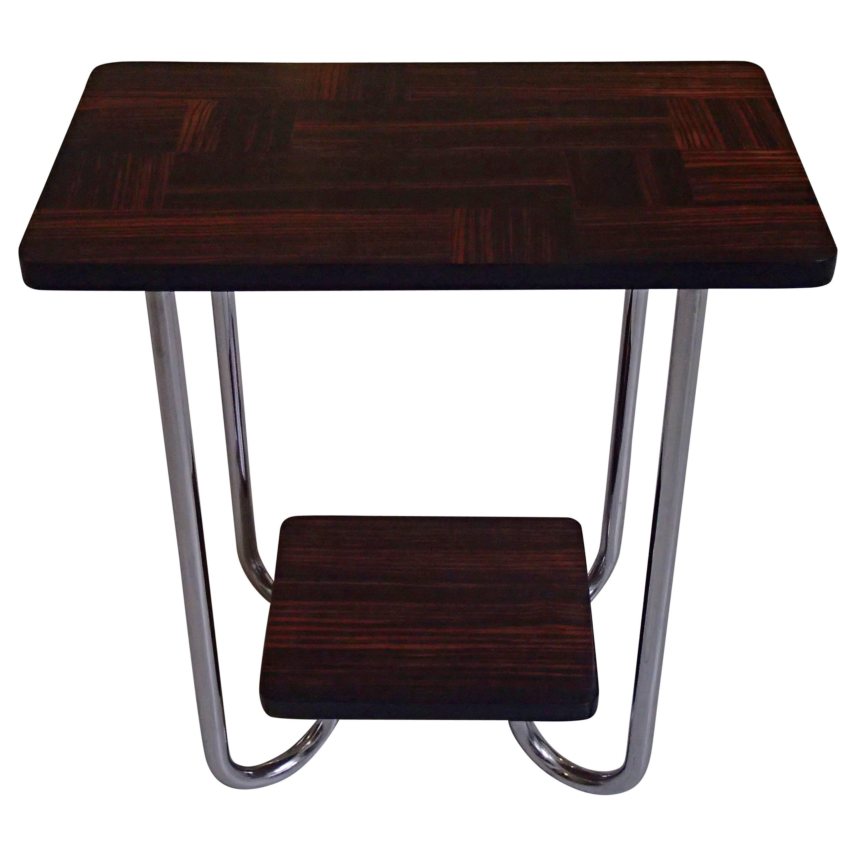 Modern Bauhaus Side Table Chrome and Inlayed Ebene De Macassar