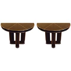 Stunning Pair of Mid-Century Modern Black Consoles with Brass Metal Detailing