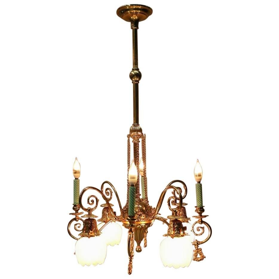 Antique Victorian Eight-Arm Electrified Combination Chandelier, Late 1800s