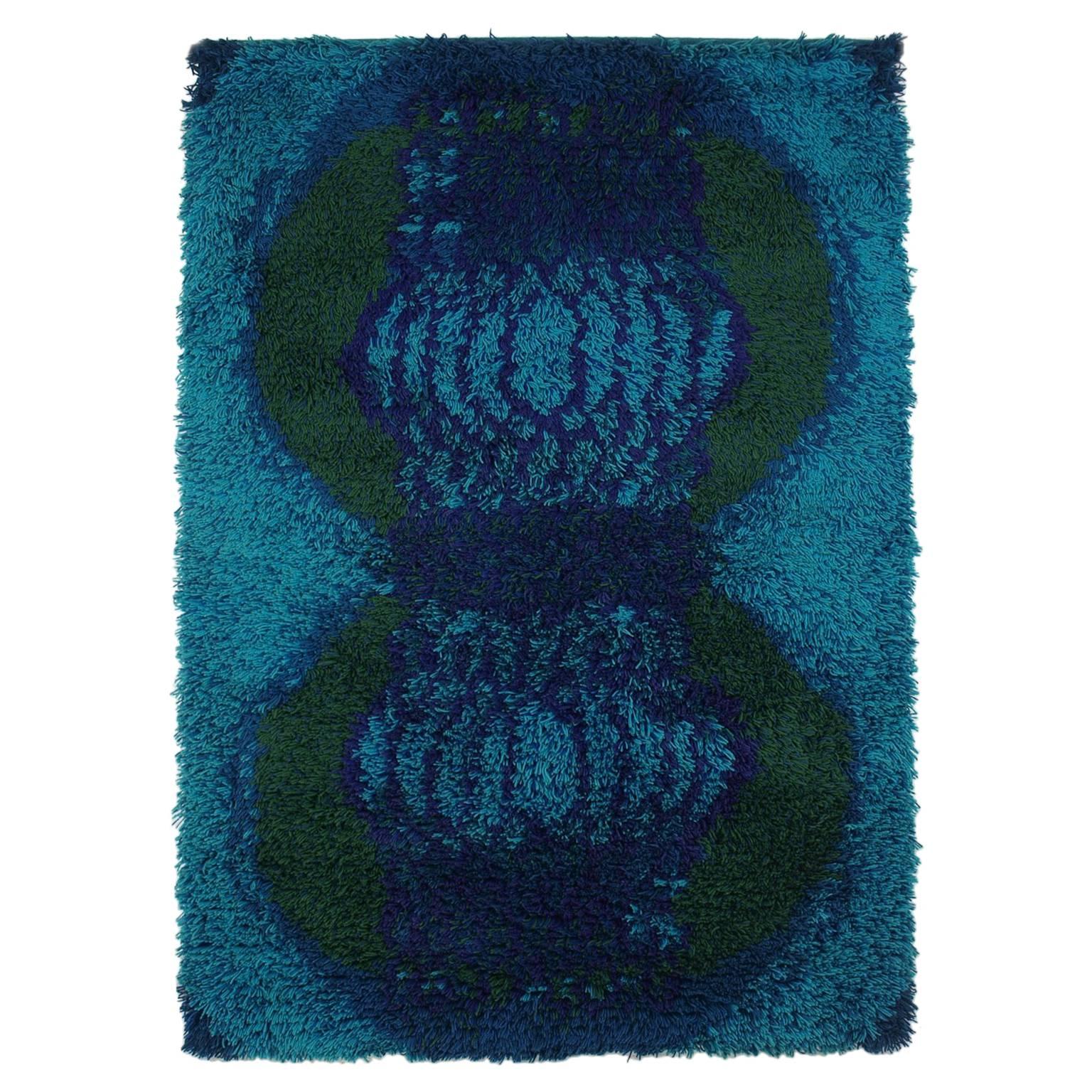 Terttu Tomero Katiska Fishtrap Blue Wool Rug Finland, 1960s Design