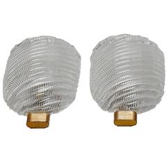Pair of Ribbed Murano Glass and Brass Sconces