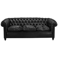 Mid-Century Black Leather Chesterfield Sofa