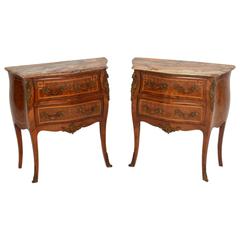 Pair of Antique French Marble-Top Bombe Chests