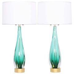 Restored Seguso Murano Glass Drop Lamps, Pair