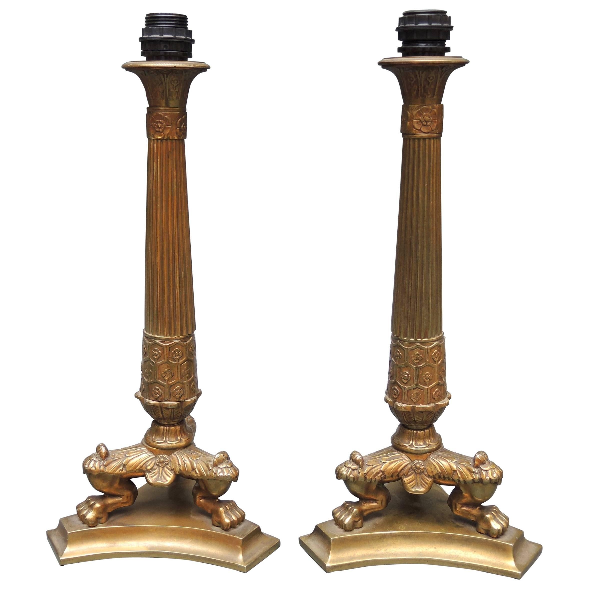 A Vintage Pair of French Empire Style Cast Bronze Candlestick Table Top Lamps