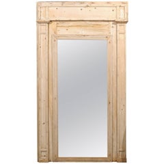 Antique French 19th Century Trumeau Mirror with Natural Light Colored Wood Grain Finish