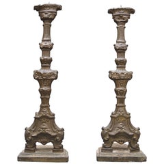 Pair of 18th Century  Italian Altar Candlesticks in Repousse Brass And Wood