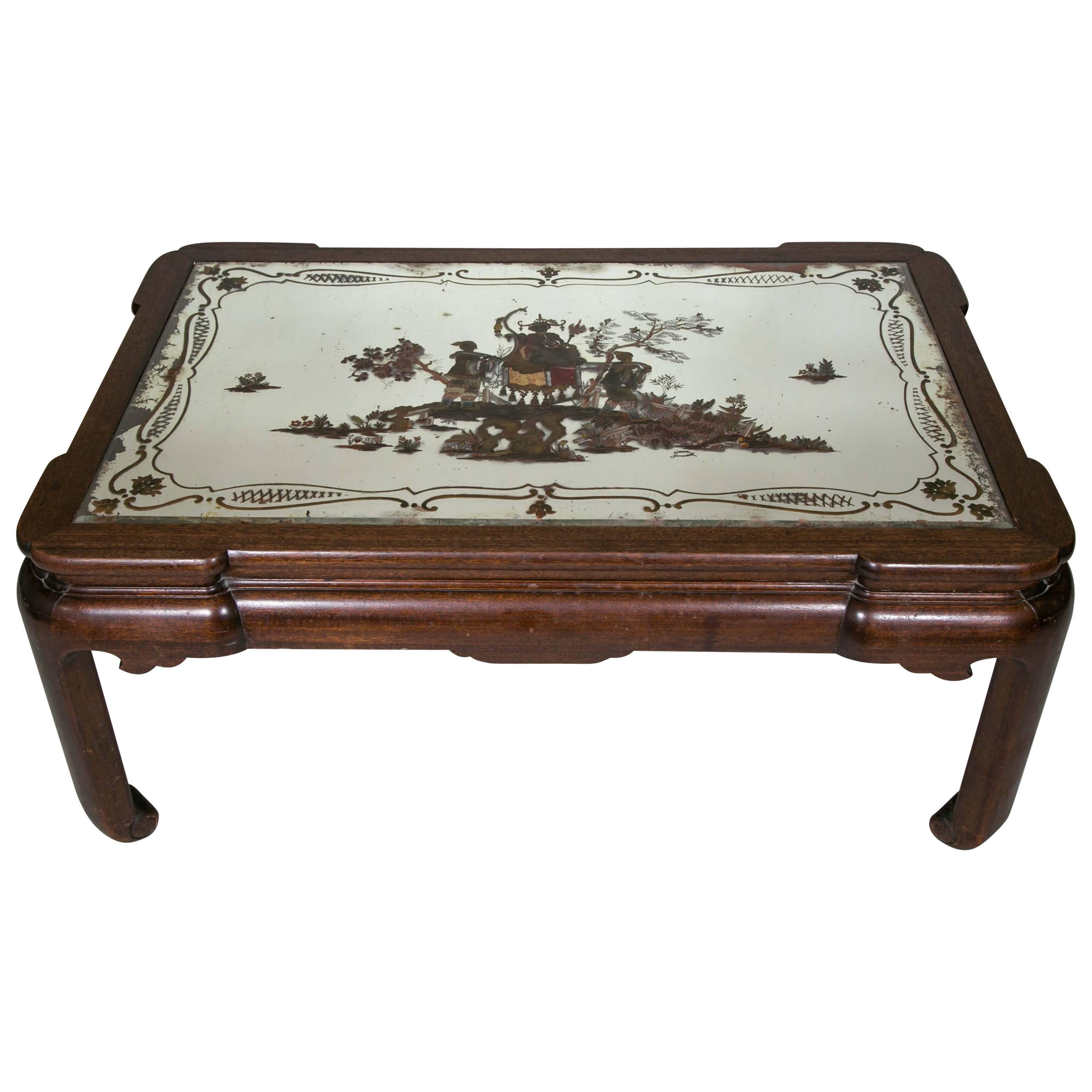 Coffee Table in Walnut with Églomisé Glass from the 20th Century ‘Chinoiserie’