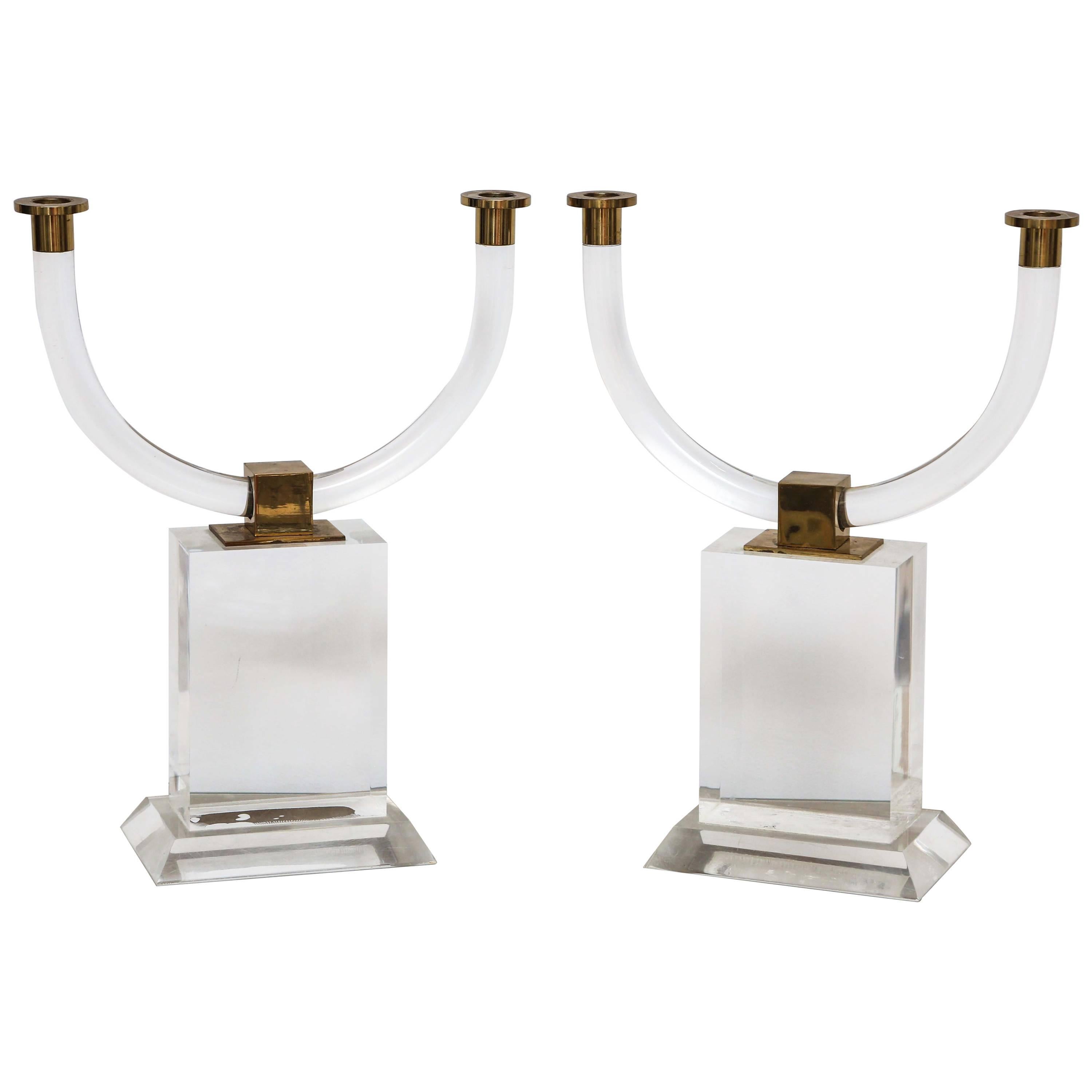 Pair of Monumental Lucite Candlesticks For Sale