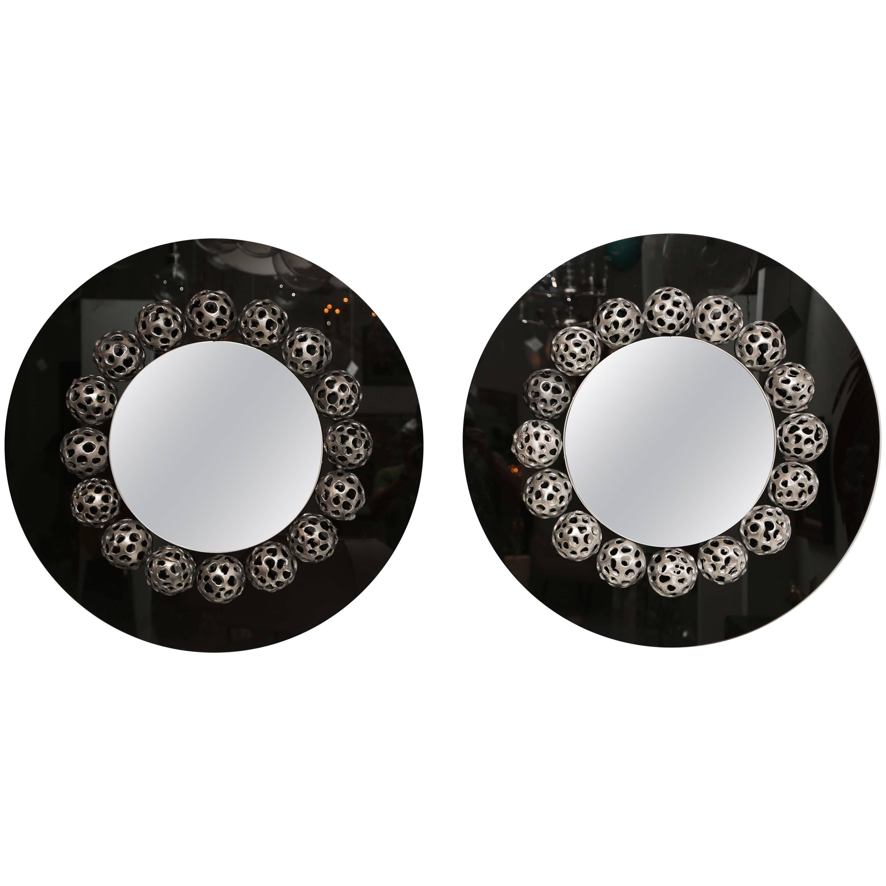 Circular Black Glass Mirror, Two Available For Sale