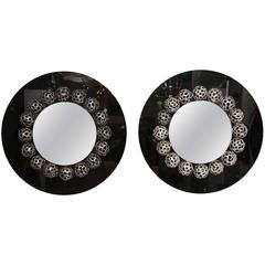 Circular Black Glass Mirror, Two Available