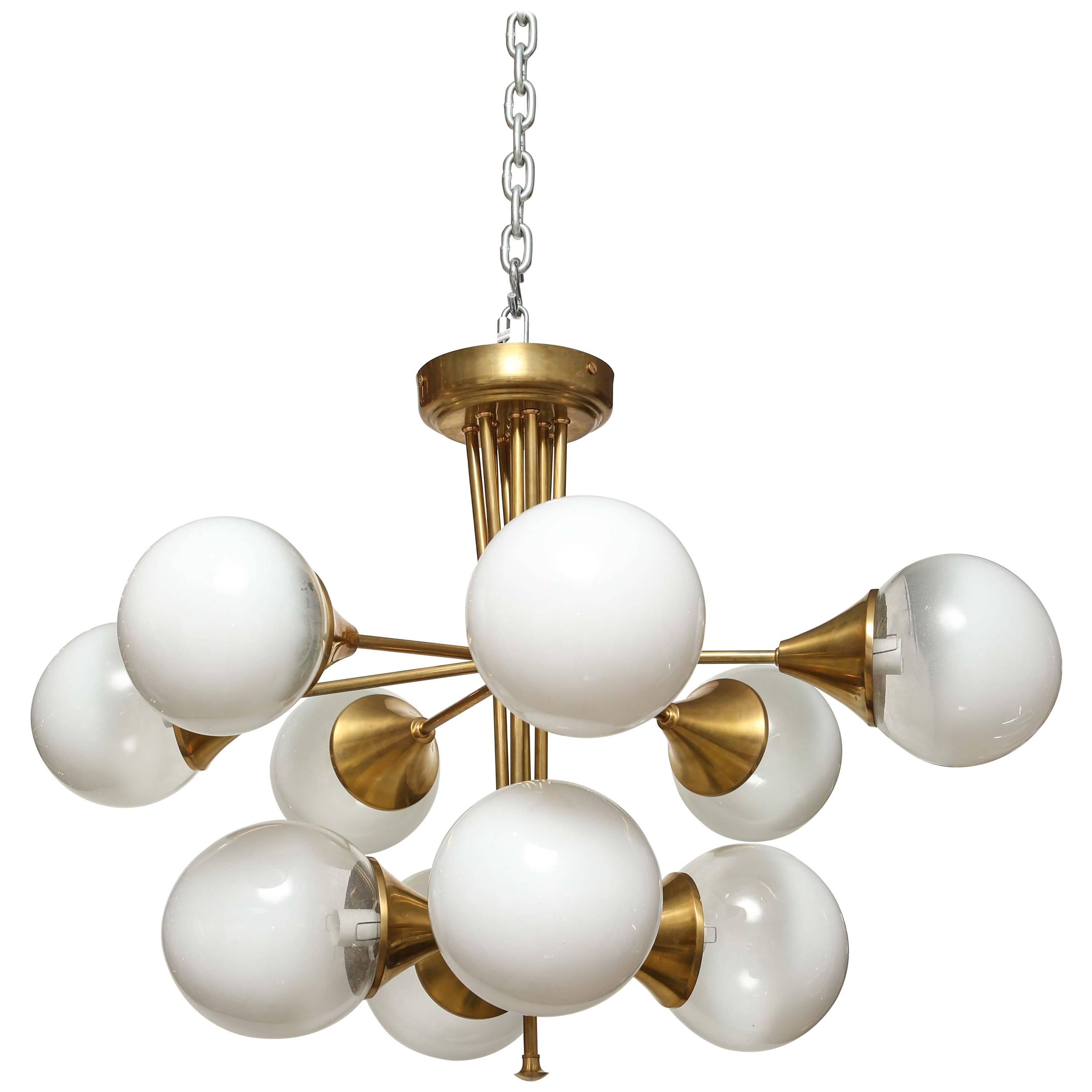 Retro Brass and Satin Glass Ball Chandelier For Sale
