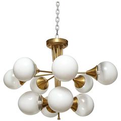 Retro Brass and Satin Glass Ball Chandelier