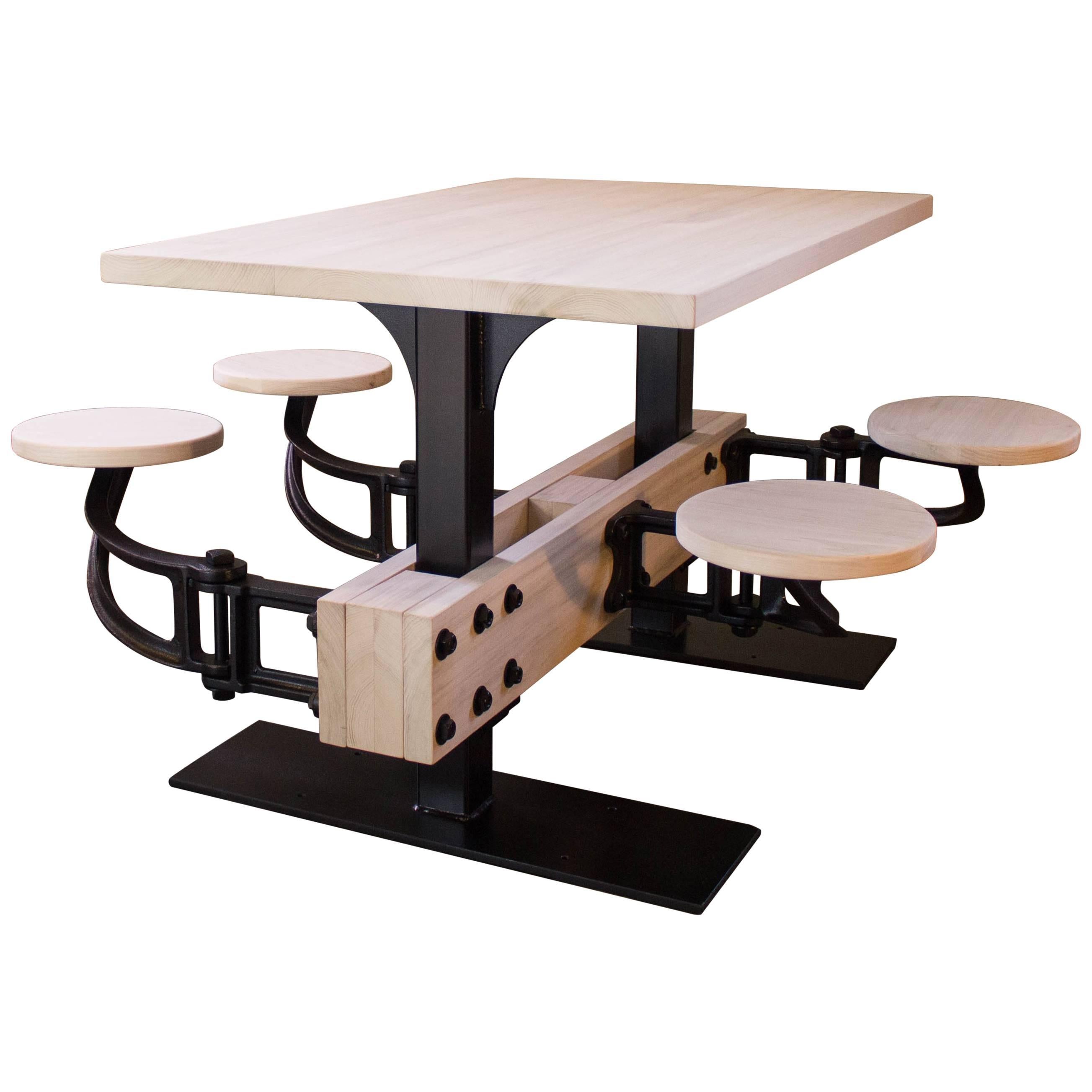 Bespoke Dining Table w Attached Seating - Kitchen Breakfast Dining, Iron & Wood  For Sale