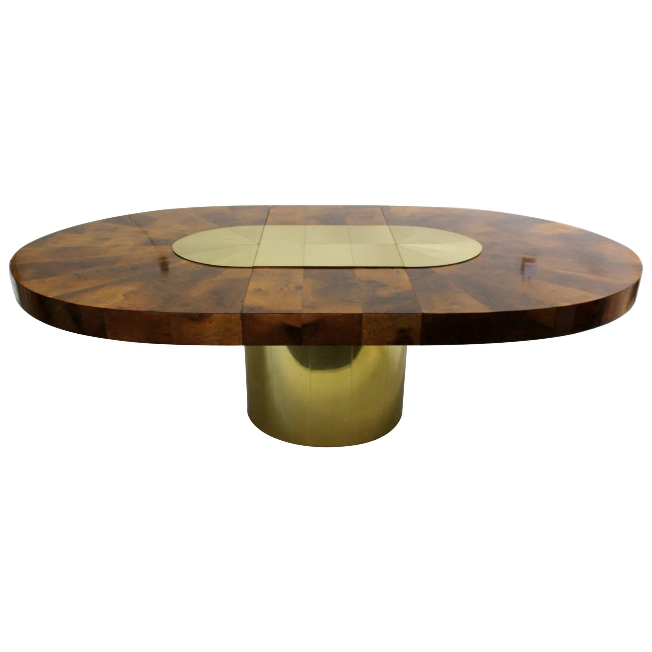 Brass and Wood Sunburst Paul Evans for Directional Large Oval Dining Table For Sale
