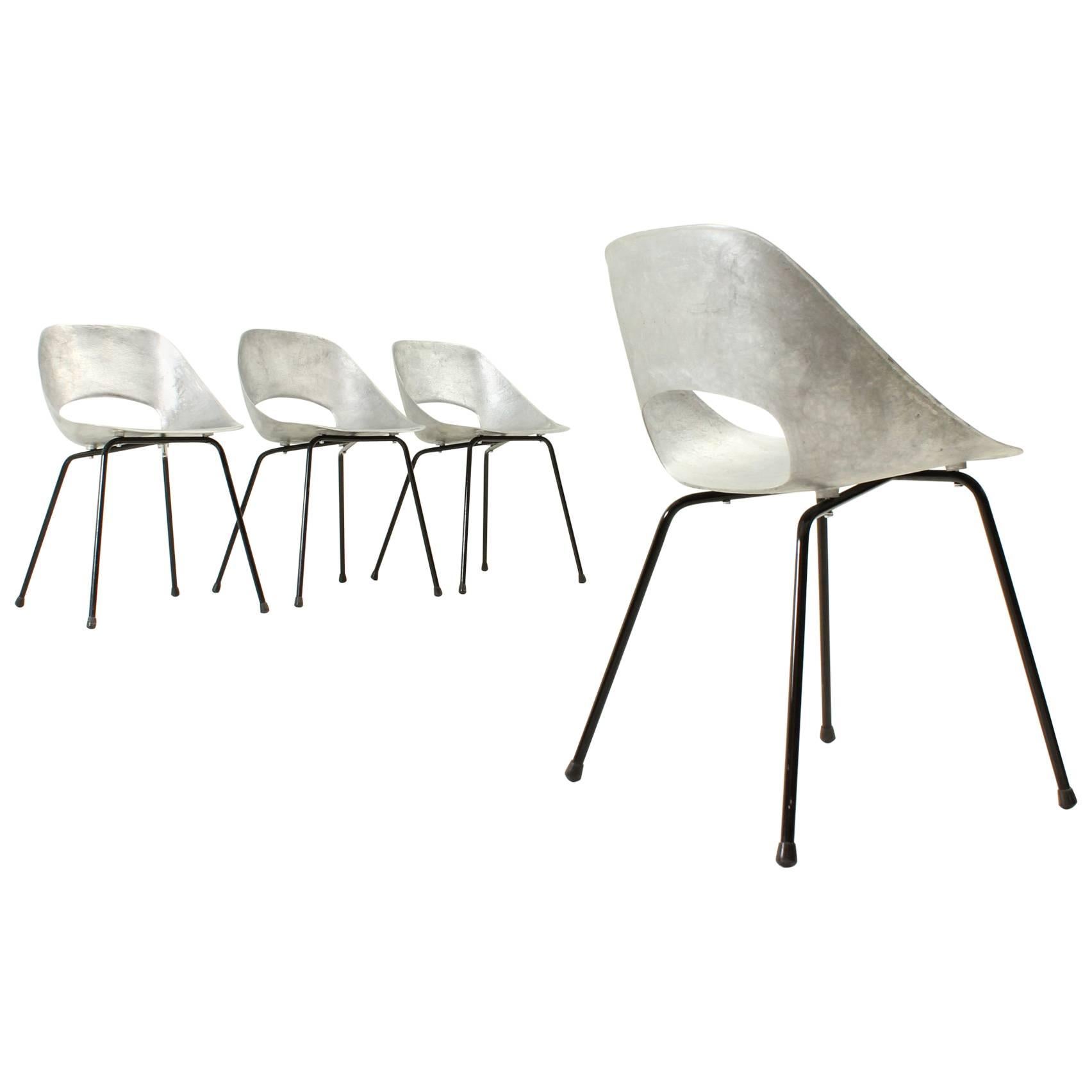 Set of Four Aluminium Tulip Chairs by Pierre Guariche For Sale