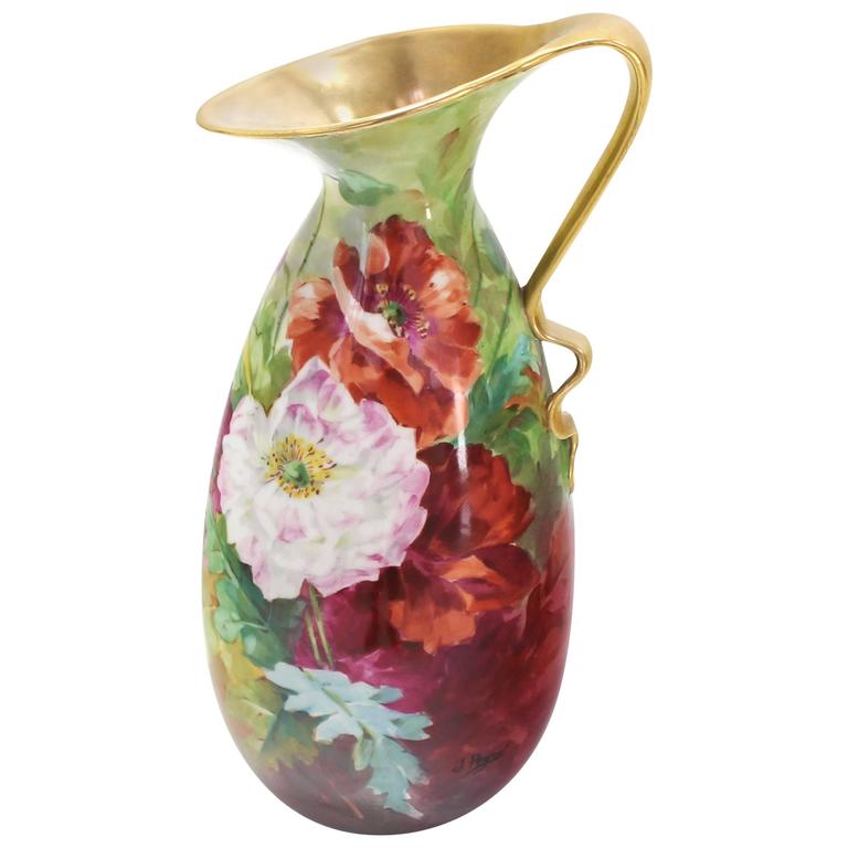 Limoges Floral Vase Shape Porcelain Pitcher Flower Painted Artist