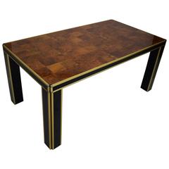 Mid Century 1970s Burl Walnut, Brass and Black Lacquered Dining Table