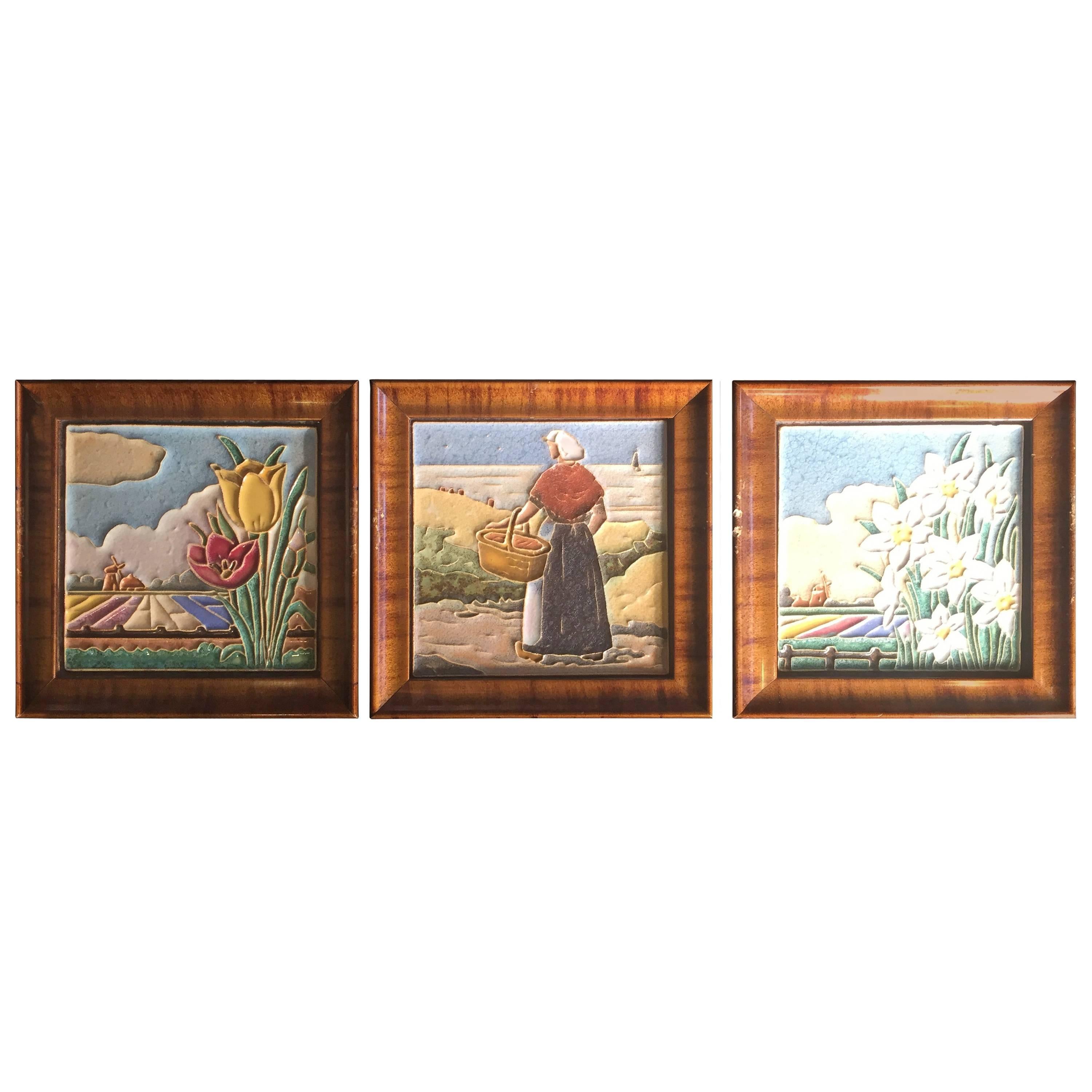 Colorful Set of Three Framed Hand-Painted Hand Glazed Dutch Flower Tiles