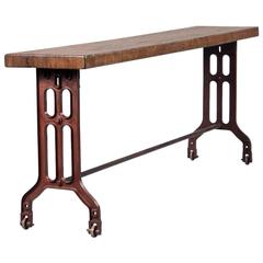 Long American Made Industrial Reclaimed Oak Console Table with Cast Iron Legs