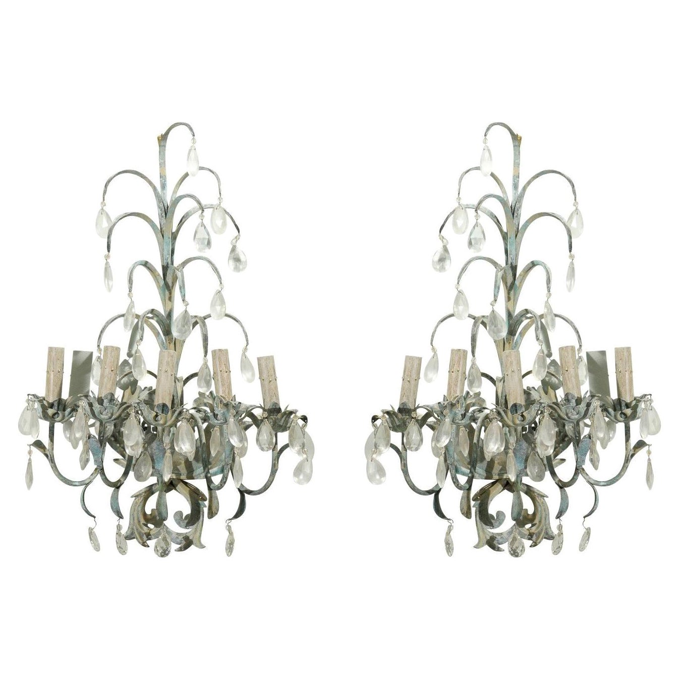 Pair French Vintage Painted Metal + Crystal Sconces--Gorgeous Patina! For Sale