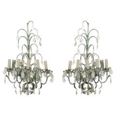 Pair French Vintage Painted Metal + Crystal Sconces--Gorgeous Patina!