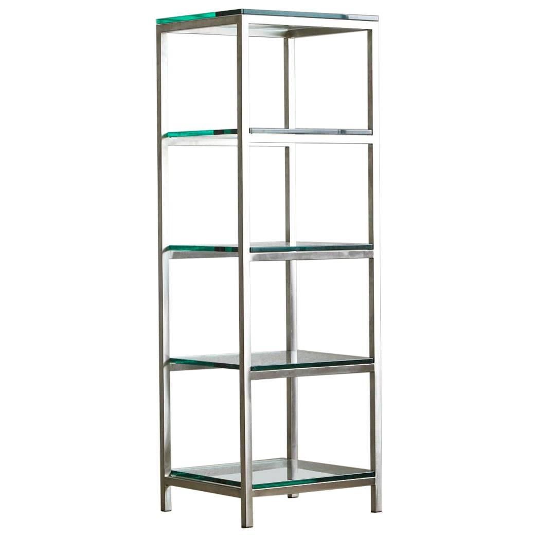 Modern Brushed Aluminium Étagère or Display Shelf with 5 Thick Glass Shelves For Sale
