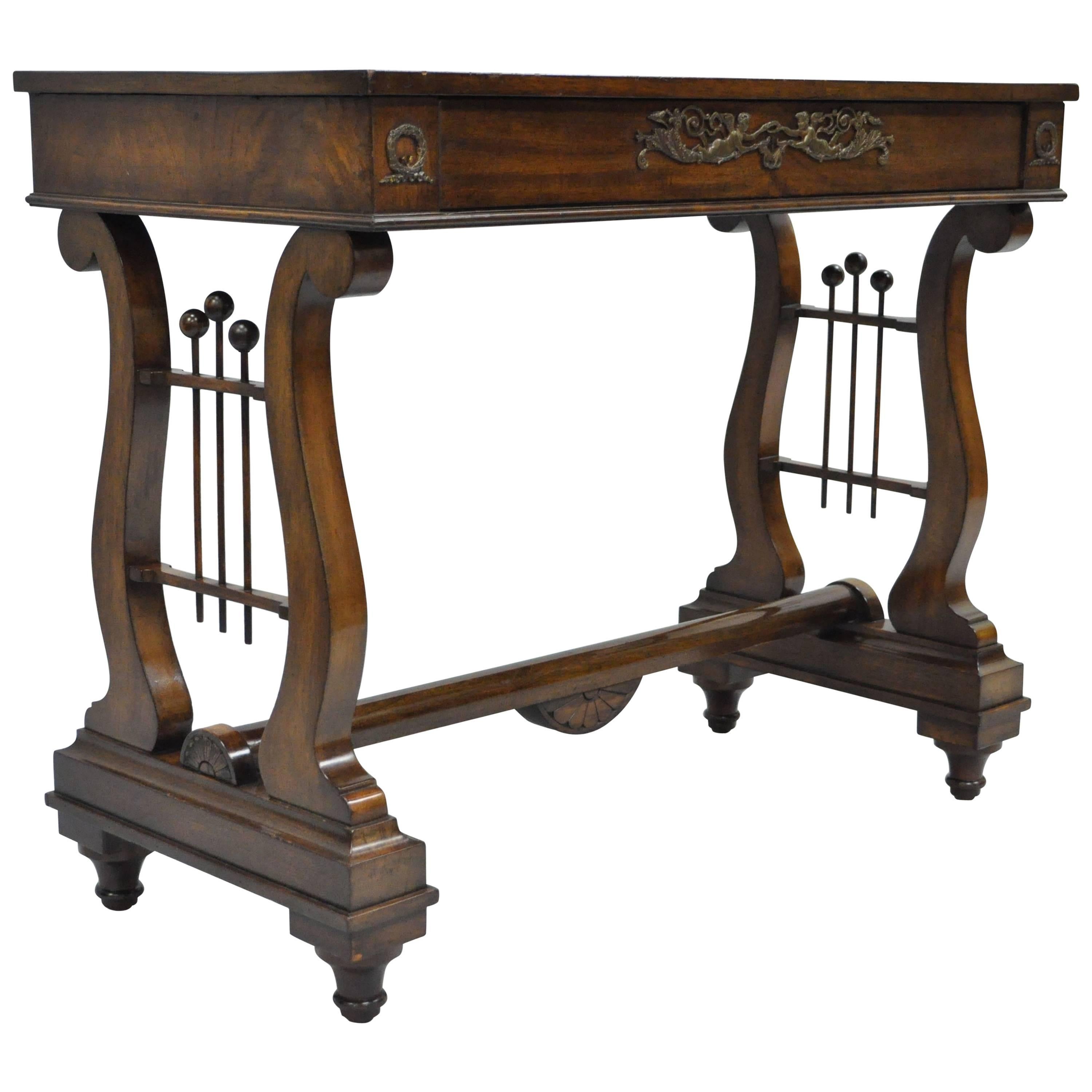 French Neoclassical Regency Style Mahogany One-Drawer Lyre Desk Console Table For Sale