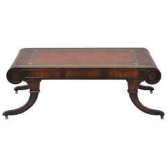 Vintage Weiman Regency Tooled Leather Scroll Top Crotch Mahogany Coffee Table