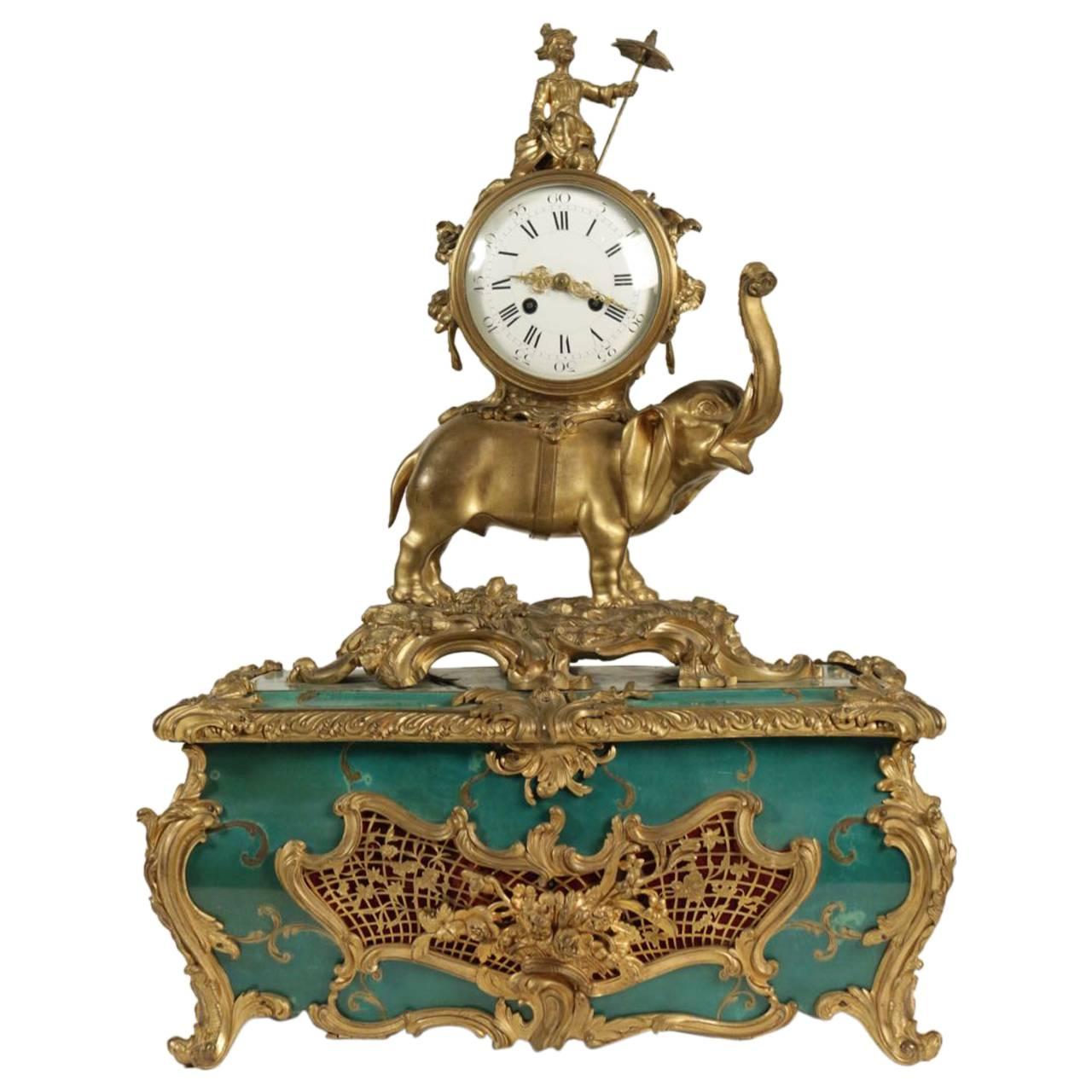 Palatial Clock Elephant with a Chinese Man Sitting on, Green Base and Ormoulu