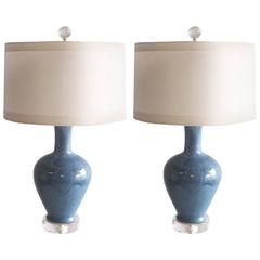 Pair of Blue Drip Glaze Ceramic Lamps, circa 1950