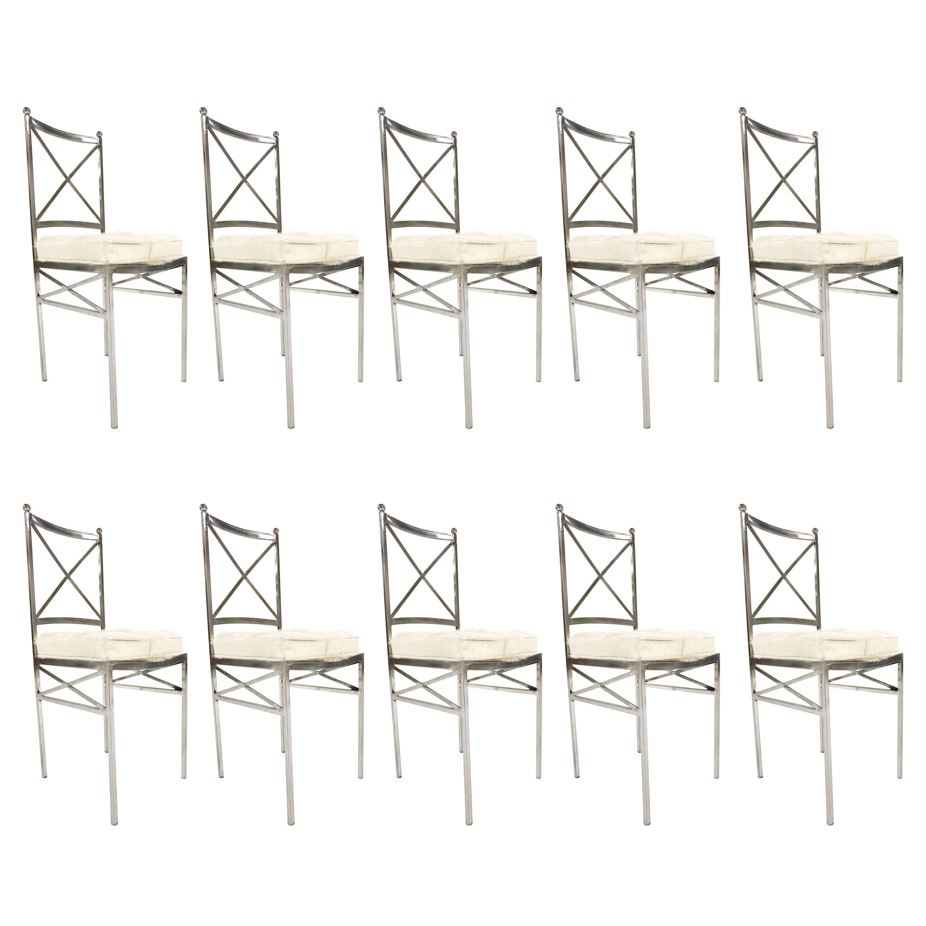 Set of 10 Mid-Century Swedish Polished Steel Dining Chairs with Cowhide Cushions